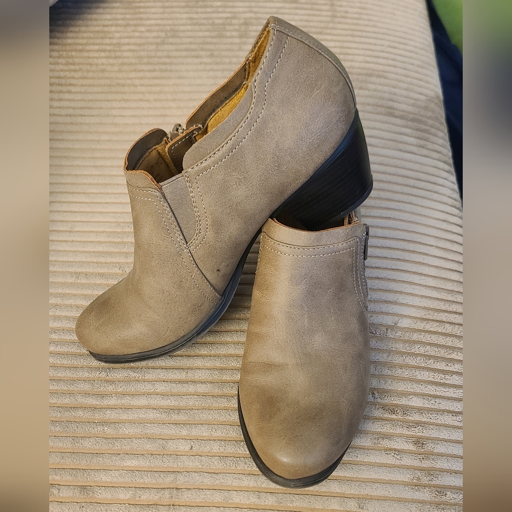Natural Soul Taupe Slip-On Ankle Booties with Low Stacked Heel